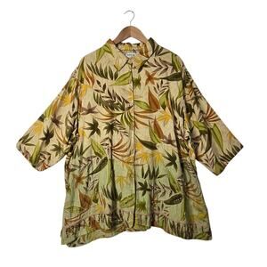 Tantrums Linen Blend Beaded Top 3X Multicolor Leaf Print Short Sleeve Button Up